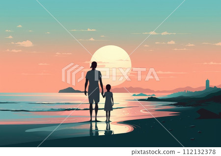 AI-generated content. father and child on the beach summer vacation illustration 112132378
