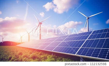 AI-generated content. Windmills and solar panels on blue sky background 112132598