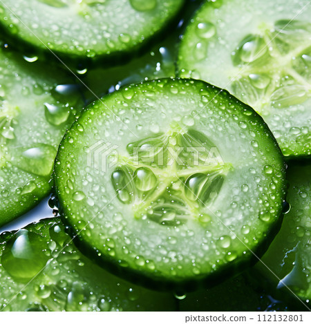 Slick cucumber with drops on white backgrounds closeup 112132801