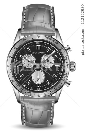Realistic clock watch chronograph silver black face grey leather arrow white black number on isolated background design for men luxury vector Realistic clock watch chronograph silver black face grey leather arrow white black number on isolated background design for men luxury vector 112132980