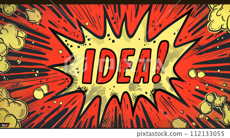 Bright red poster in pop art style with the word Idea. Concept of idea generation and creativity 112133055