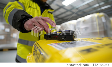 Worker in hi-vis jacket uses a barcode scanner on a shipment. 112133064