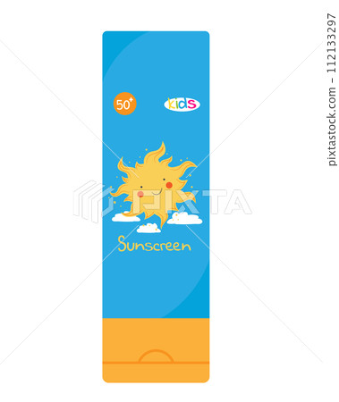 Sunscreen product for kids in a tube. Baby SPF summer skincare product design with a cute sun. SPF 50. Vector illustration Sunscreen product for kids in a tube. Baby SPF summer skincare product design with a cute sun. SPF 50. Vector illustration 112133297