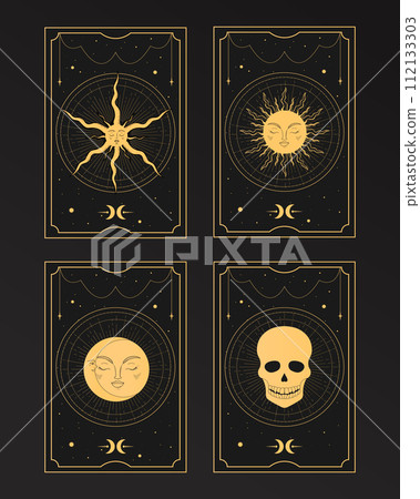 Set of Golden Tarot cards with magical Sun, Moon, Star and Death symbols. Mystery, astrology, esoteric. Vector illustration 112133303