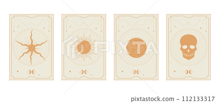 Set of Golden Tarot cards with magical Sun, Moon, Star and Death symbols. Mystery, magic, astrology, esoteric. Vector illustration 112133317