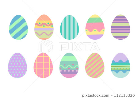 Set of colored Easter eggs icons. Easter decorative elements with different patterns. Vector illustration 112133320
