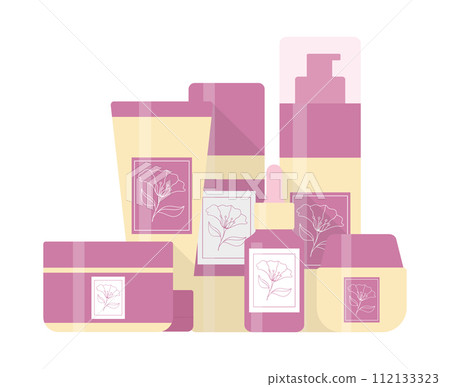 Set of bottles and tubes for beauty and skin care decorated with flower outline emblem. Cosmetic products package design. Vector illustration Set of bottles and tubes for beauty and skin care decorated with flower outline emblem. Cosmetic products package design. Vector illustration 112133323