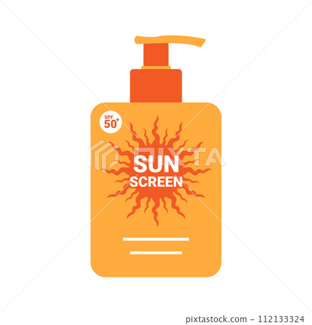 Pump bottle with a sunscreen lotion or cream. Sunscreen product package design. SPF 50. Vector illustration 112133324