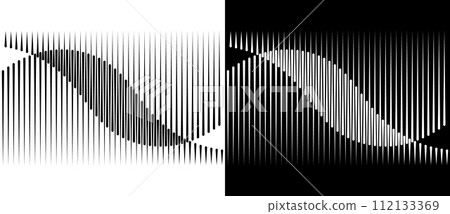 Abstract art geometric background with vertical lines. Optical illusion with waves. Design element or icon. Black shape on a white background and the same white shape on the black side. Abstract art geometric background with vertical lines. Optical illusion with waves. Design element or icon. Black shape on a white background and the same white shape on the black side. 112133369
