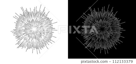 Abstract background with burning lines in cicrle. Design element or icon. Black shape on a white background and the same white shape on the black side. 112133379