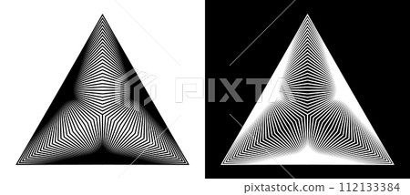 Geometric triangle shape with lines as modern design element, logo or icon. Black shape on a white background and the same white shape on the black side. 112133384