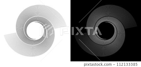 Spiral with lines as dynamic abstract vector background or logo or icon. Yin and Yang symbol. Design element or icon. Black shape on a white background and the same white shape on the black side. 112133385