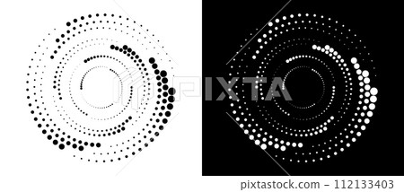 Modern abstract background. Halftone dots in circle form. Round logo. Vector dotted frame. Design element or icon. Black shape on a white background and the same white shape on the black side. 112133403