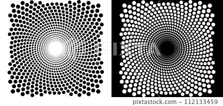 Modern abstract background. Halftone dots in circle, design element. Black shape on a white background and the same white shape on the black side. 112133459