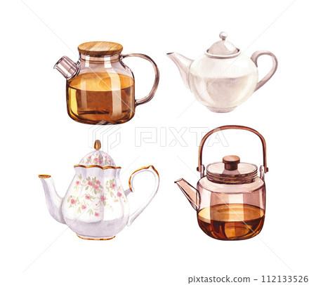 Collection of the teapots of tea, porcelain ceramic white and glass teapot. Watercolor hand-drawn illustration isolated on white background. Perfect for recipe lists with drinks, brochures for cafe. 112133526