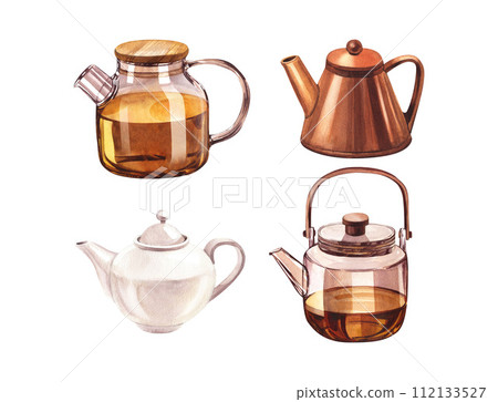 Collection of the teapots of tea. Set ceramic, copper and glass teakettle. Watercolor hand-drawn illustration isolated on white background. Perfect for recipe lists with drinks, brochures for cafe Collection of the teapots of tea. Set ceramic, copper and glass teakettle. Watercolor hand-drawn illustration isolated on white background. Perfect for recipe lists with drinks, brochures for cafe 112133527
