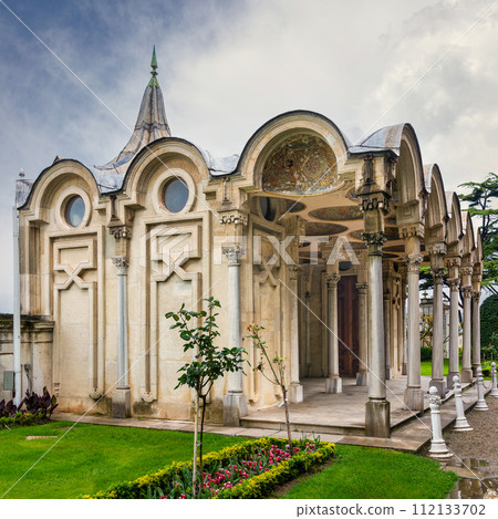 Sea Pavilion, or Sea Kiosk: 19th century stone building, located in the courtyard of Beylerbeyi Palace, Istanbul, Turkey Sea Pavilion, or Sea Kiosk: 19th century stone building, located in the courtyard of Beylerbeyi Palace, Istanbul, Turkey 112133702