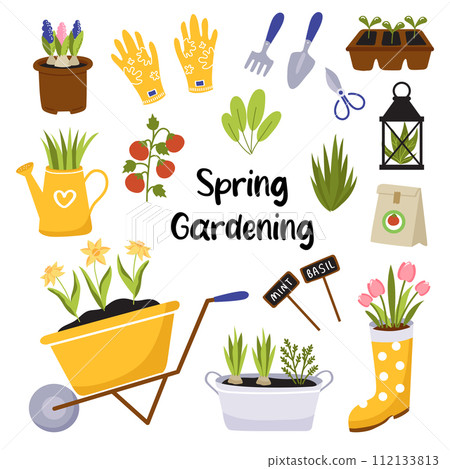 Spring gardening set of elements. Gardening tools, planting, flowers, accessories. Vector collection in cartoon style. Spring gardening set of elements. Gardening tools, planting, flowers, accessories. Vector collection in cartoon style. 112133813