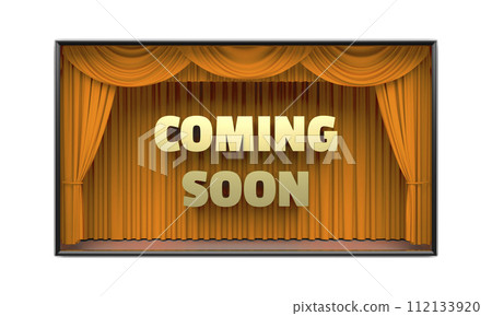 Coming Soon poster with stage curtains 3D illustration Coming Soon poster with stage curtains 3D illustration 112133920