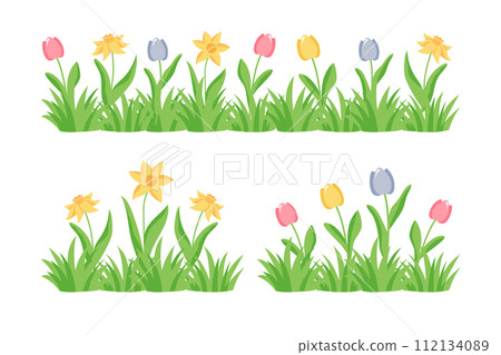 Early spring garden flowers isolated on white vector set. Illustration of tulips and daffodils in the garden. Early spring garden flowers isolated on white vector set. Illustration of tulips and daffodils in the garden. 112134089