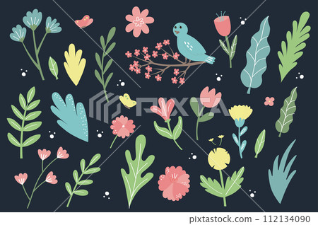 Flower collection with leaves, bird, grass on dark background. Spring art print with botanical elements. Happy Easter. Doodle style. Pastel icons for the spring holiday Flower collection with leaves, bird, grass on dark background. Spring art print with botanical elements. Happy Easter. Doodle style. Pastel icons for the spring holiday 112134090