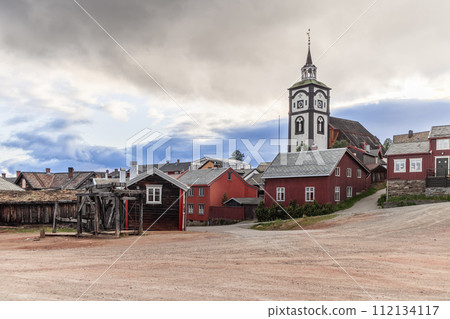 The old mine elevator in Roros, the iconic Roros Kirke symbols of the historic mining era in Norway 112134117