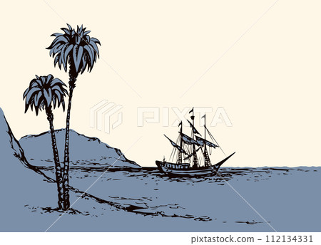Vector landscape. Sketch of a fishing boat Vector landscape. Sketch of a fishing boat 112134331