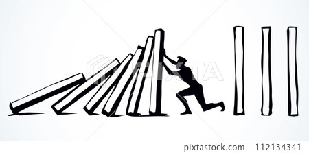A man stops falling dominoes. Vector drawing A man stops falling dominoes. Vector drawing 112134341