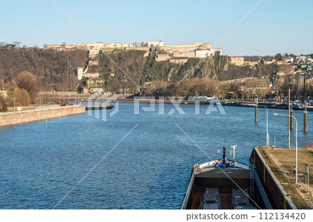 Ehrenbreitstein Fortress panoramic view in Koblenz. Koblenz is city on Rhine, joined by Moselle river Ehrenbreitstein Fortress panoramic view in Koblenz. Koblenz is city on Rhine, joined by Moselle river 112134420