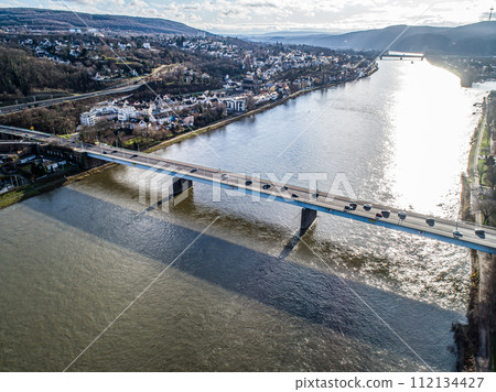 aerial river landscape, view of the Rhine the natural flow in Germany, near Koblenz with bridges and Boats aerial river landscape, view of the Rhine the natural flow in Germany, near Koblenz with bridges and Boats 112134427