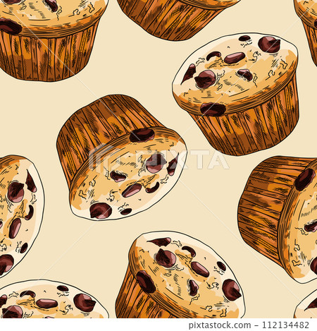 Chocolate Chip Muffin Sketch Hand Drawn Seamless Pattern 112134482