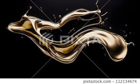 Abstract golden shape with flying golden drops on a black background. 112134674