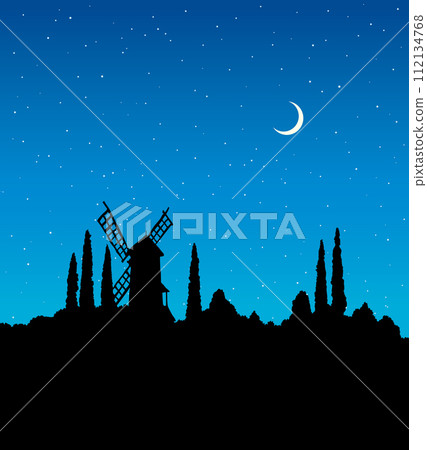 Vector drawing. The outline of the summer landscape with mill Vector drawing. The outline of the summer landscape with mill 112134768