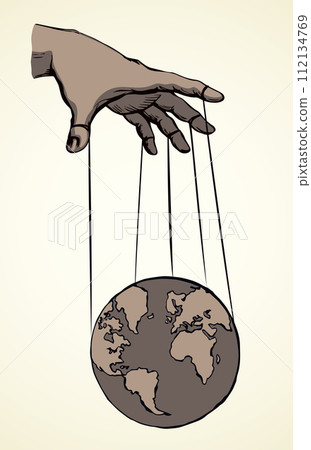 Man hand with a World map. Vector drawing concept 112134769