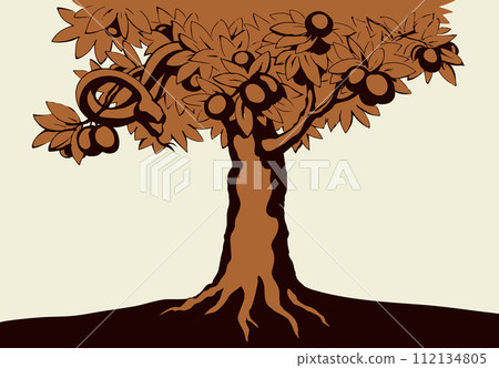 Serpent on the tree. Knowledge of good and evil. Vector drawing 112134805