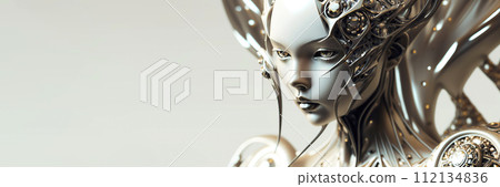 AI-generated content. Portrait of female humanoid robot made of white plastic and glass. Android face. Synthetic life. Generative AI 112134836