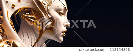 AI-generated content. Portrait of female humanoid robot made of white plastic and glass. Android face. Synthetic life. Generative AI AI-generated content. Portrait of female humanoid robot made of white plastic and glass. Android face. Synthetic life. Generative AI 112134838