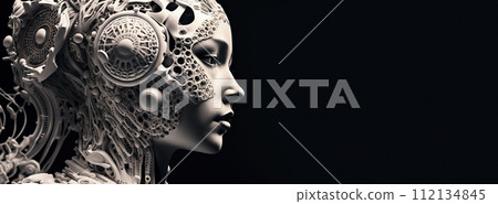 AI-generated content. Portrait of female humanoid robot. Metallic android face. Synthetic life. Generative AI 112134845