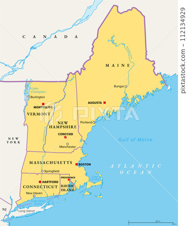 New England, a region of the United States, political map. Maine, Vermont, New Hampshire, Massachusetts, Rhode Island and Connecticut with Capitals. Bordered by the Mid-Atlantic region and by Canada. 112134929