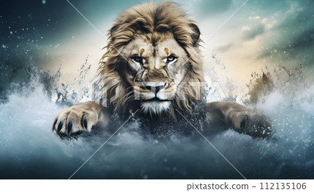 Lion with splashes of water. 112135106