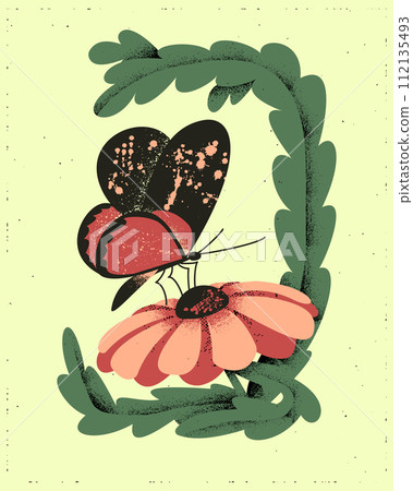 Textured modern poster with flower and butterfly. Flat botanical composition in printmaking technique with grunge texture and scratches. Ideal for home decoration, posters, t shirt print Textured modern poster with flower and butterfly. Flat botanical composition in printmaking technique with grunge texture and scratches. Ideal for home decoration, posters, t shirt print 112135493