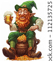 A cartoon leprechaun with a mug of beer sits on a pot of gold. Illustration for St. Patricks Day 112135725