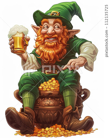 A cartoon leprechaun with a mug of beer sits on a pot of gold. Illustration for St. Patricks Day A cartoon leprechaun with a mug of beer sits on a pot of gold. Illustration for St. Patricks Day 112135725