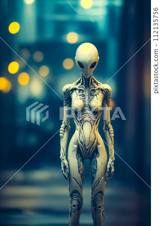 Alien on Earth. Faceless alien woman against the background of bokeh city lights Alien on Earth. Faceless alien woman against the background of bokeh city lights 112135756