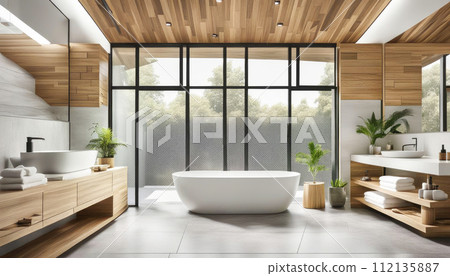 interior of a modern bathroom with a large white bathtub in the center, the use of wooden materials, stone floors, Japandi style decoration interior of a modern bathroom with a large white bathtub in the center, the use of wooden materials, stone floors, Japandi style decoration 112135887