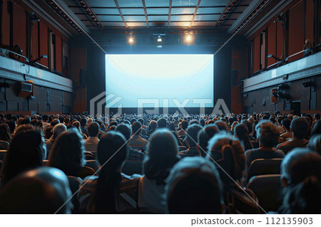 cinema full of people with blank screen. Ai generated 112135903