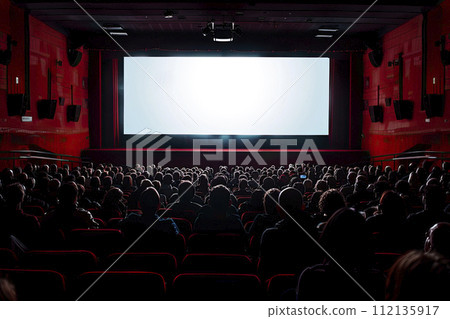 cinema full of people with blank screen. Ai generated 112135917