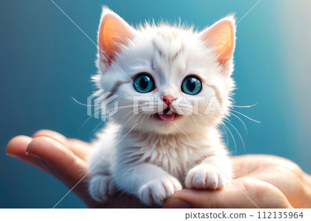 Hand holding a small cute kitten. Little fluffy kitten 112135964