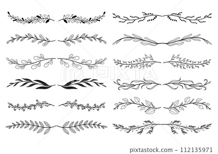 Floral ornament dividers set in hand drawn design. Leaves, twigs, plants and branches. Bundle of botanical ornaments scrolls decoration and decorative branch. Illustration isolated collection. Floral ornament dividers set in hand drawn design. Leaves, twigs, plants and branches. Bundle of botanical ornaments scrolls decoration and decorative branch. Illustration isolated collection. 112135971