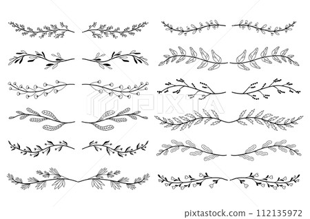 Floral ornament dividers set in hand drawn design. Leaves and tree branches elements. Bundle of botanical ornaments scrolls decoration and decorative branch. Illustration isolated collection. 112135972